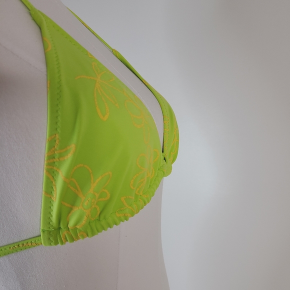90s Y2K Vintage Neon Green Triangle Floral High Thigh Bikini Swim Suit - Picture 8 of 12